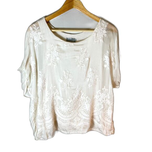 Angela Moda Ivory Sheer Lined Floral Embroidered Silk Blend SS Relaxed Top Sz S - Picture 3 of 15